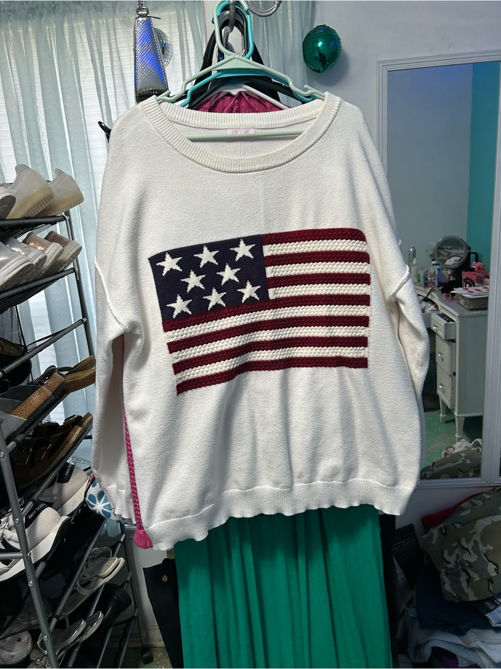 Simply Southern White Crewneck Sweater with Navy and Burgundy Flag